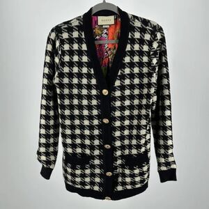 Authentic Gucci Houndstooth Cashmere Cardigan Silk Floral Lined Size Medium